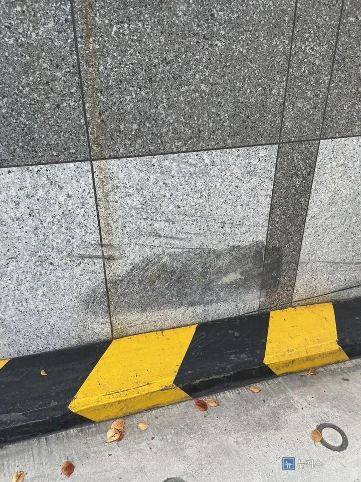 차량에 쓸려 마감이 벗겨진 졸라톤 벽면과 아래 가드레일 근접