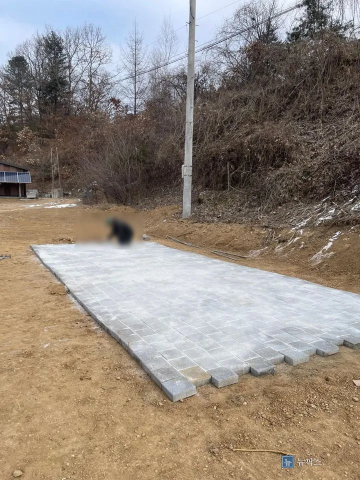 시공을 마친 직사각형 보도블럭 면과 마당 전경