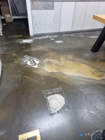 에폭시 코팅이 벗겨지고 갈라진 사무실 바닥