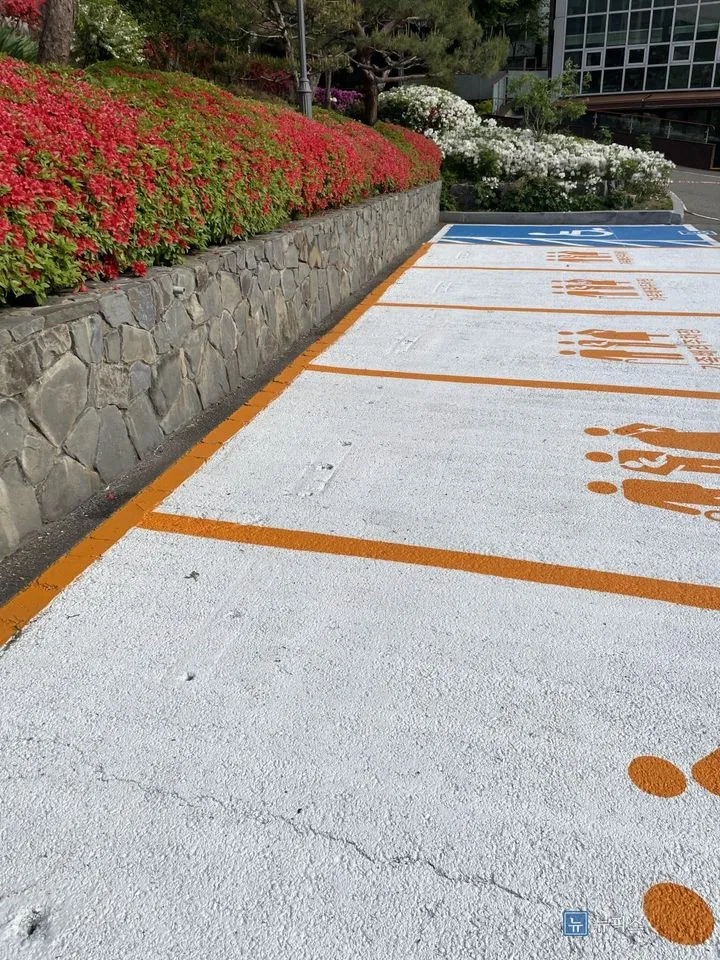 경계석 옆으로 이어진 흰색 주차면과 주황색 라인