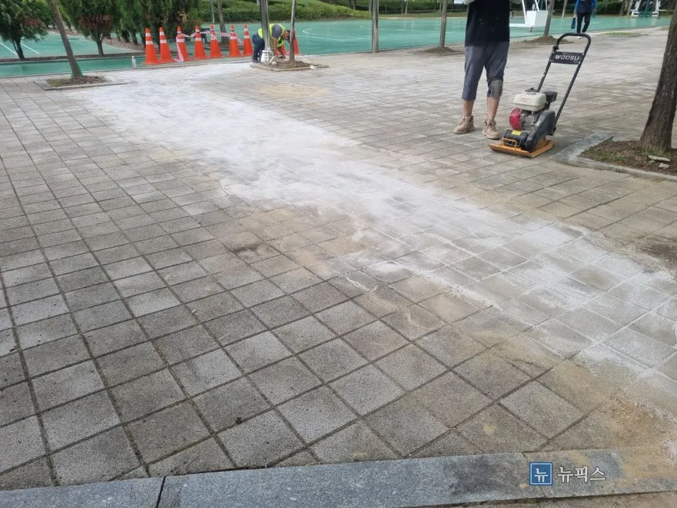 콤팩터로 규사를 다져 면을 정리한 공원 바닥 전경